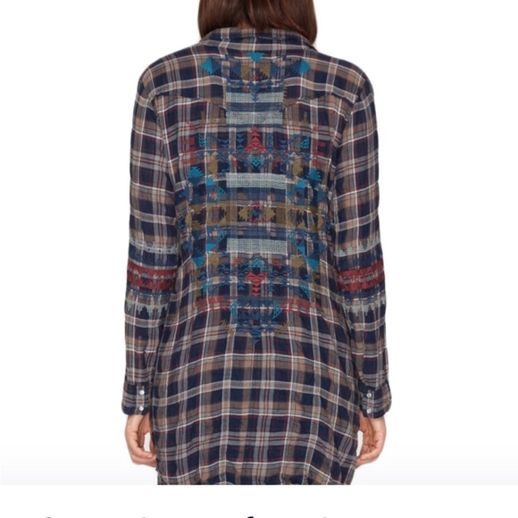 Johnny Was 3J Workshop long plaid embroidered lightweight button front shirt S - Picture 1 of 7